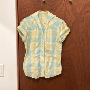 Vintage Western Blouse Ladies Small in Pastel Plaid Short Sleeve & Pearl Buttons